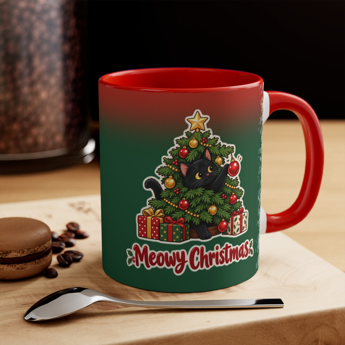Meowy Christmas Black Cat Mug, Green and Snowflake, photo 1
