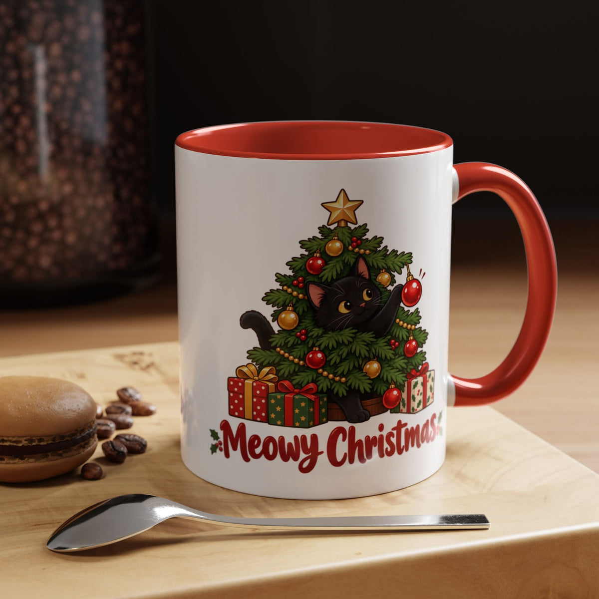 Meowy Christmas Black Cat Accent Mug, photo 1