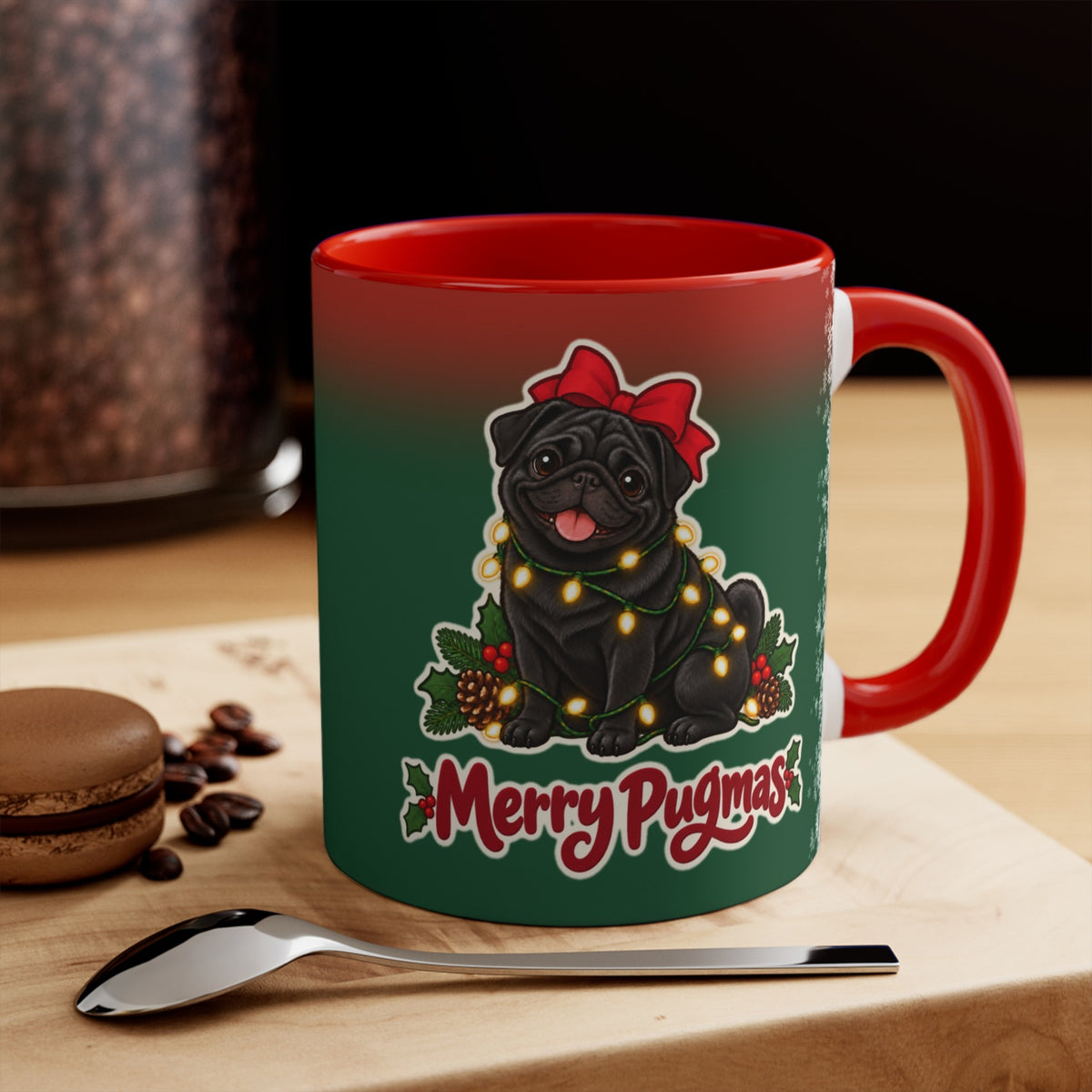 Merry Pugmas Black Pug Mug, Green and Snowflake, photo 1