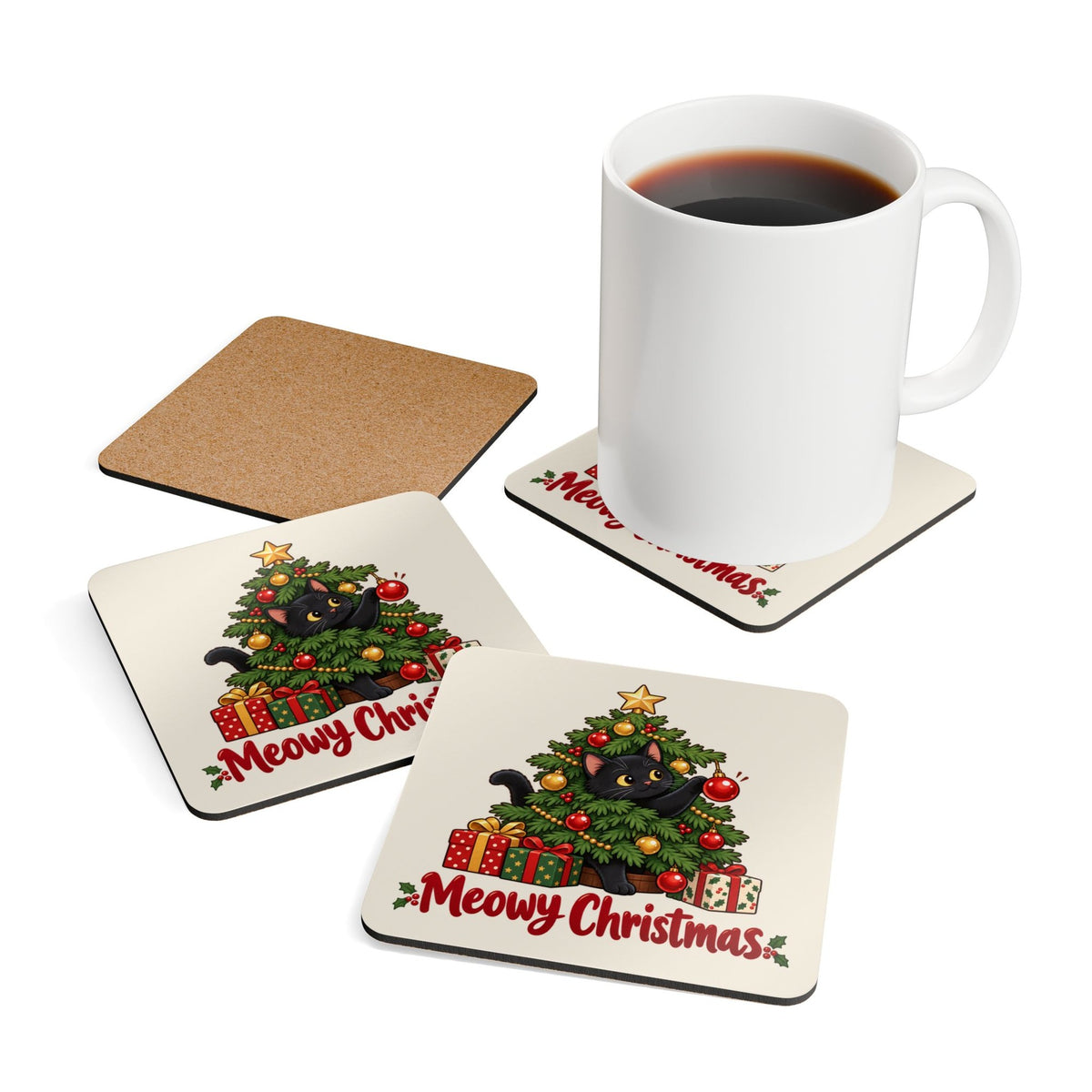 Meowy Christmas Black Cat Coasters, photo 1