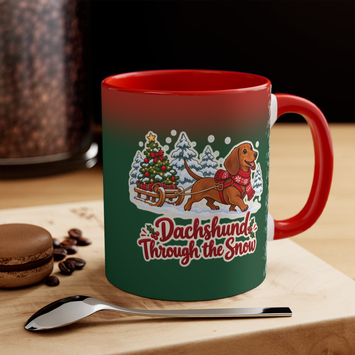 Dachshund Through the Snow Christmas Mug, Green and Snowflake, photo 1