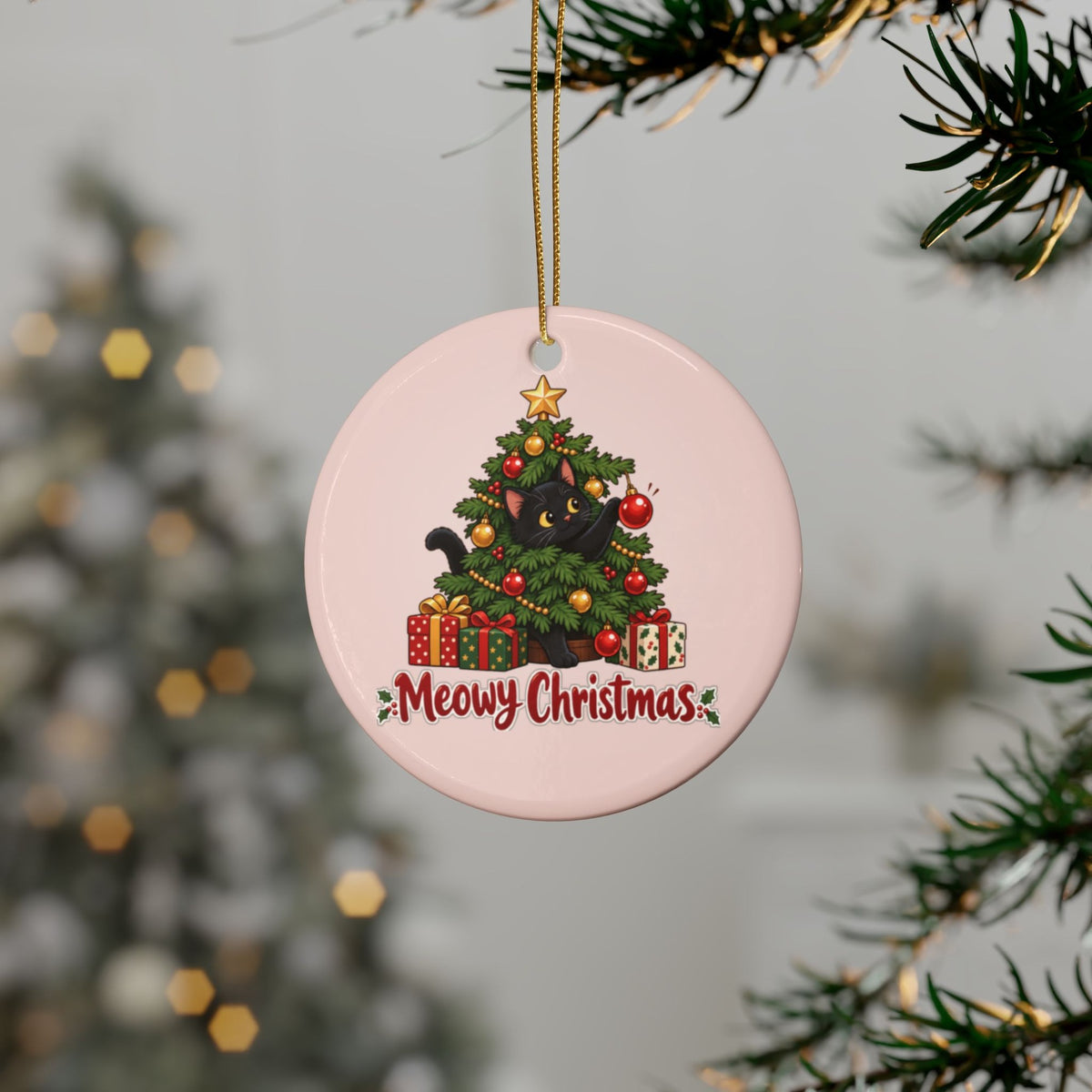 Meowy Christmas Black Cat Ornament, Pale Pink, photo 1
