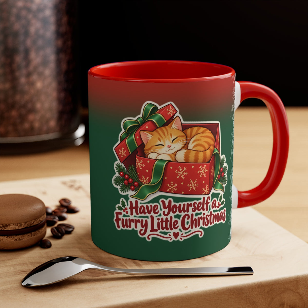 Furry Little Christmas Orange Cat Mug, Green and Snowflake, photo 1