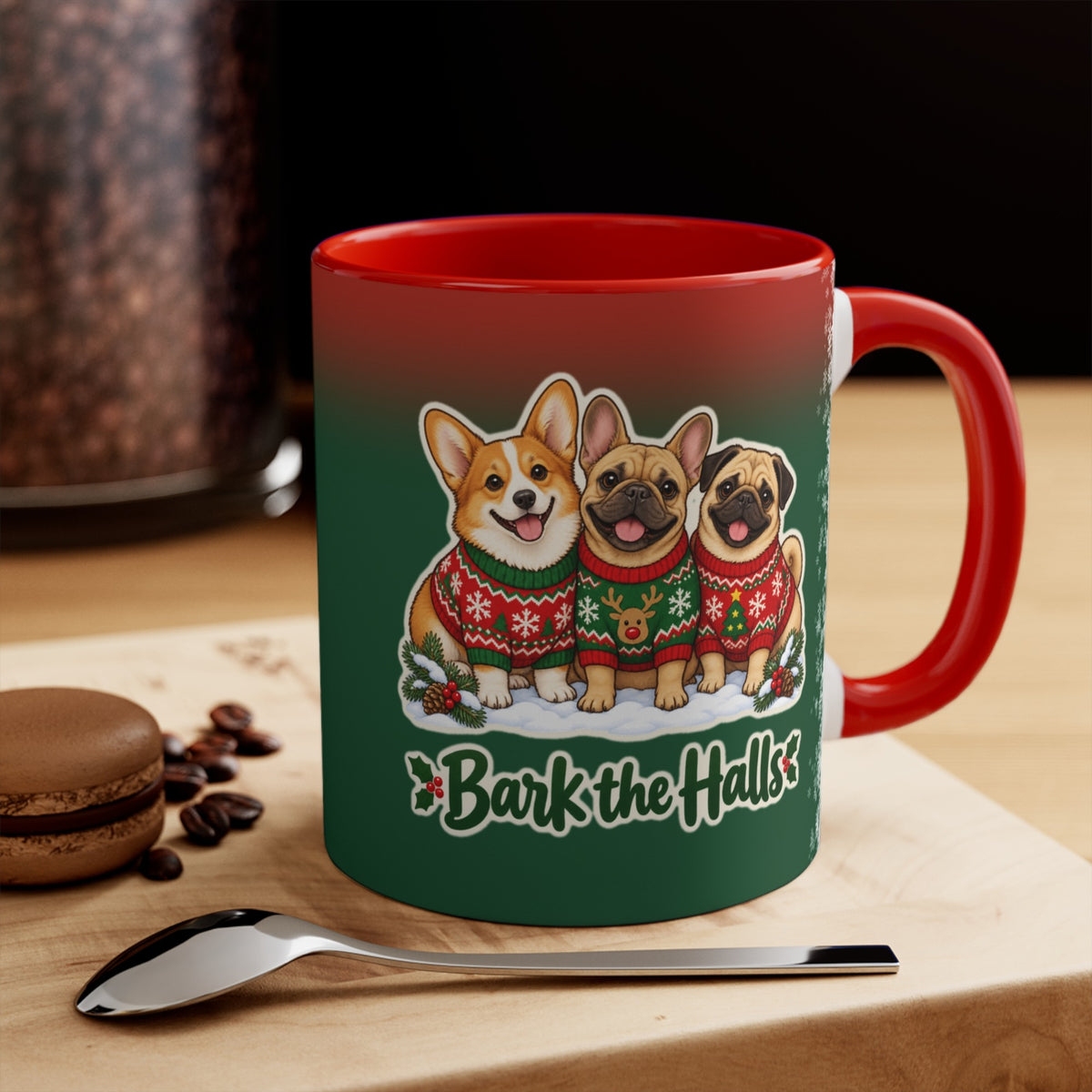 Bark the Halls Dog Christmas Mug, Green and Snowflake, photo 1