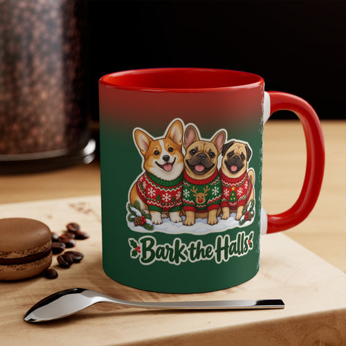 Bark the Halls Dog Christmas Mug, Green and Snowflake, photo 1
