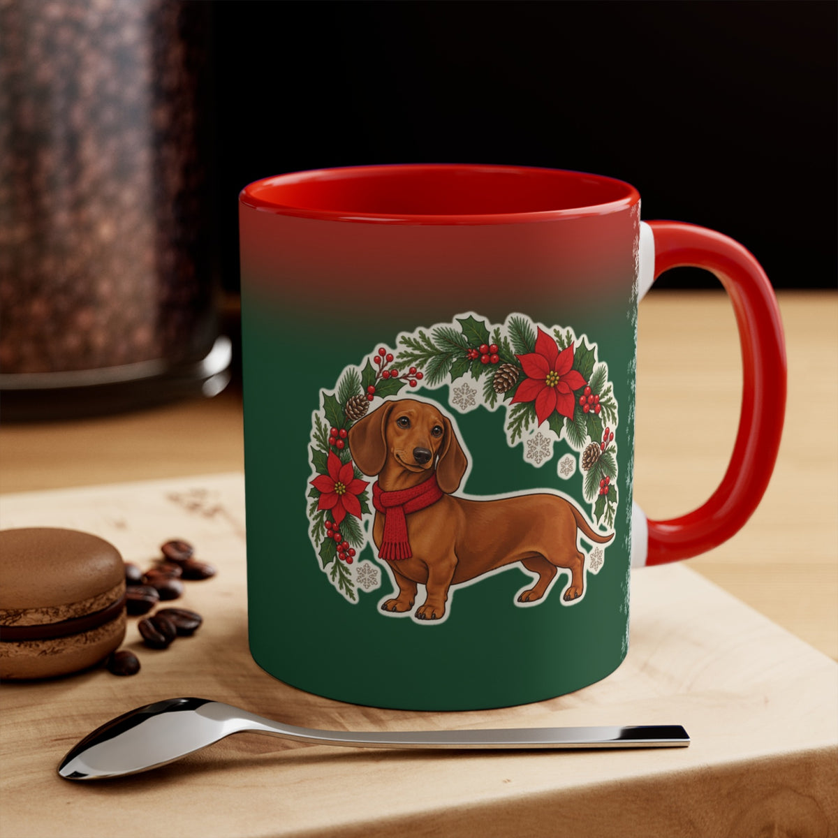 Dachshund Holly Wreath Christmas Mug, Green and Snowflake, photo 1