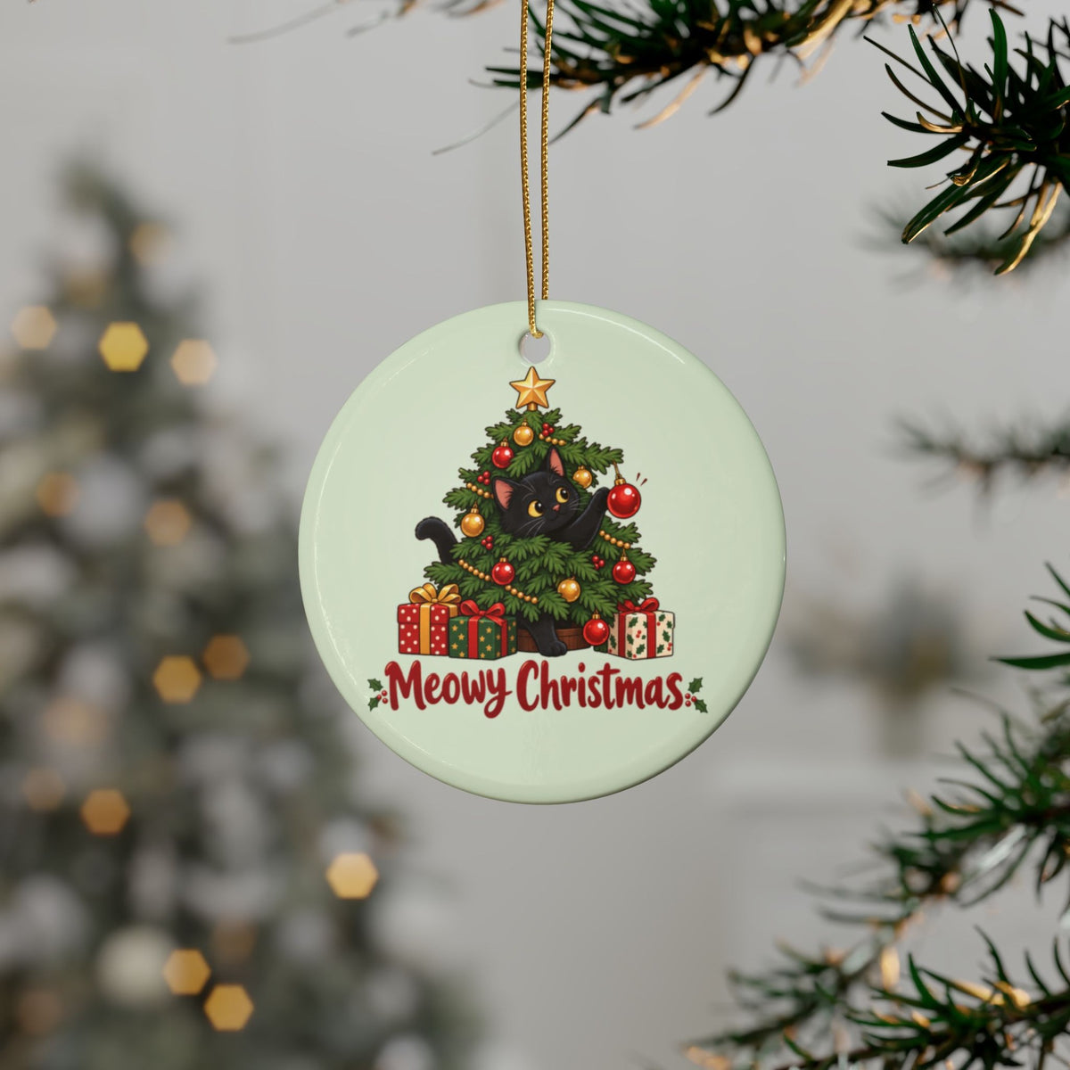 Meowy Christmas Black Cat Ornament, Mint Green, photo 1