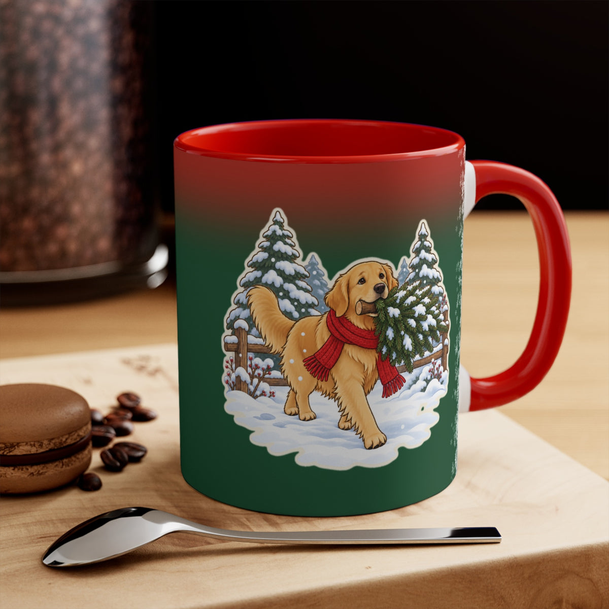 Golden Retriever Christmas Mug, Green and Snowflake, photo 1