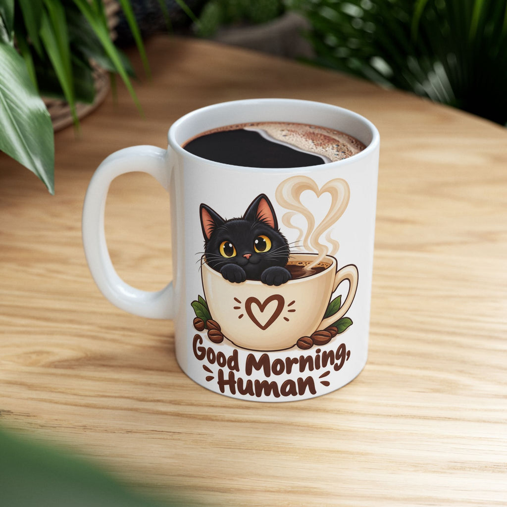 Good Morning Human Black Cat Mug, photo 1