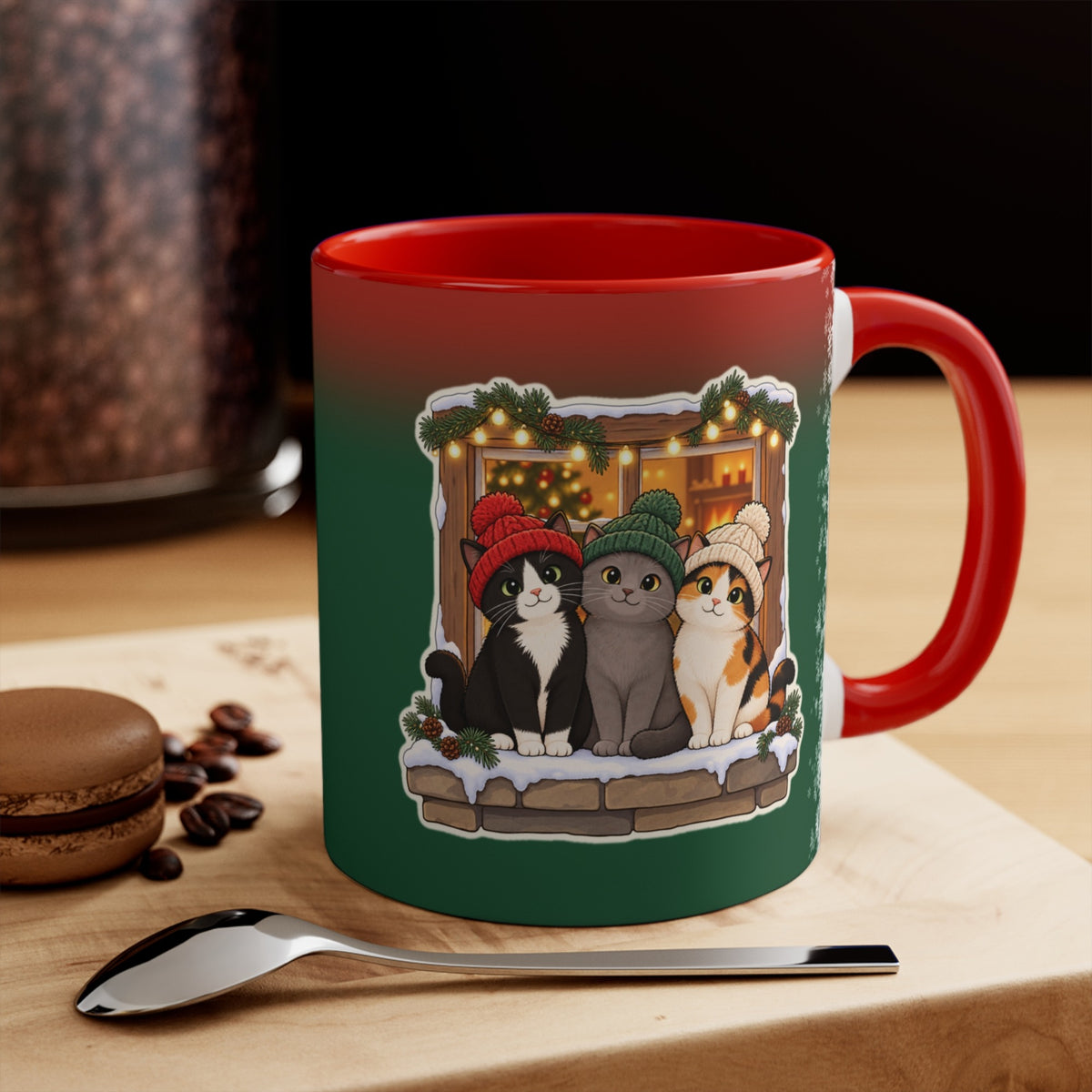 Christmas Cats in Winter Hats Mug, Green and Snowflake, photo 1