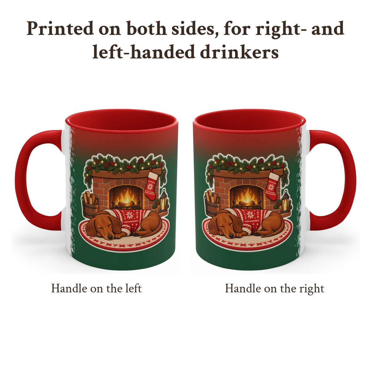 Dachshund by the Fireplace Christmas Mug, Green and Snowflake, photo 2