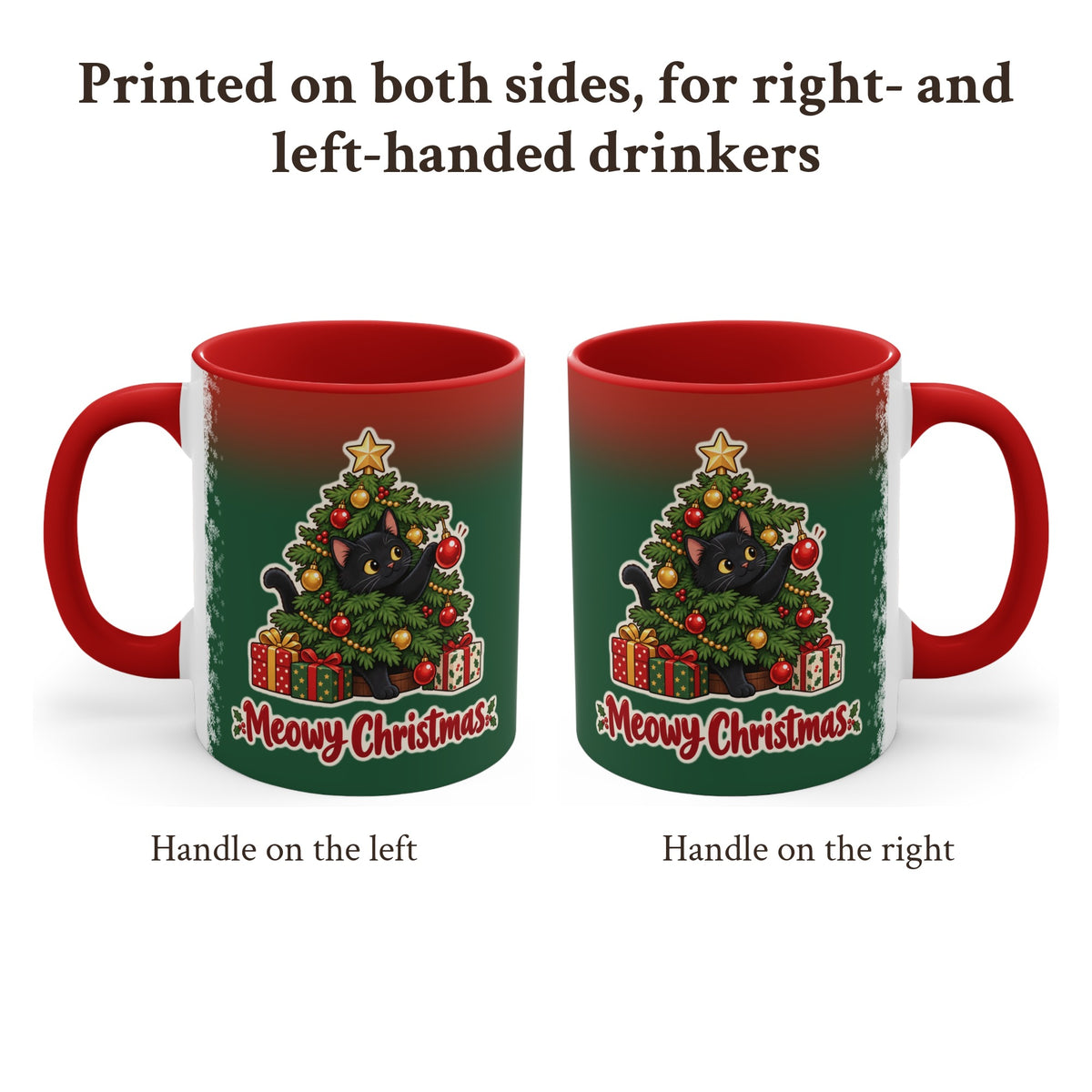 Meowy Christmas Black Cat Mug, Green and Snowflake, photo 2