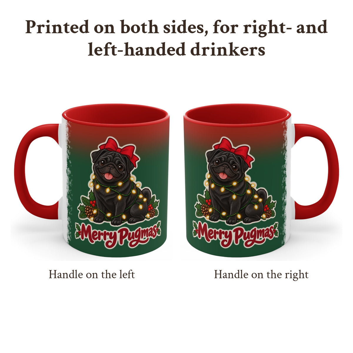 Merry Pugmas Black Pug Mug, Green and Snowflake, photo 2