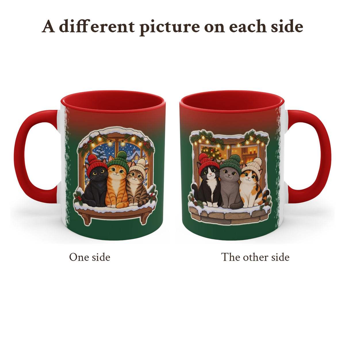 Christmas Cats in Winter Hats Mug, Green and Snowflake, photo 2