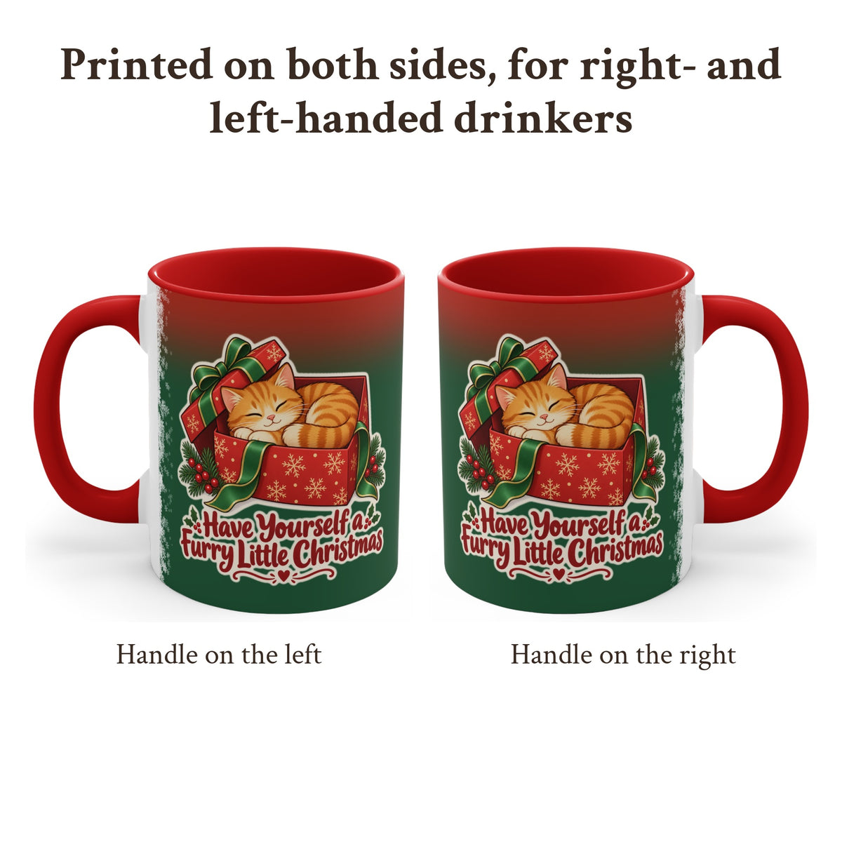 Furry Little Christmas Orange Cat Mug, Green and Snowflake, photo 2