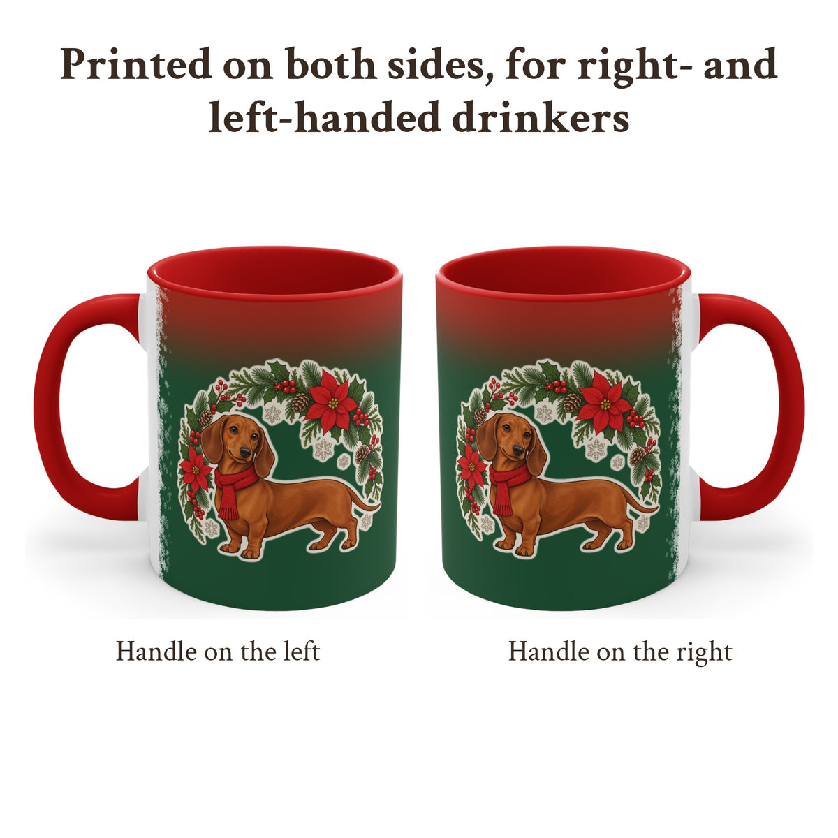 Dachshund Holly Wreath Christmas Mug, Green and Snowflake, photo 2