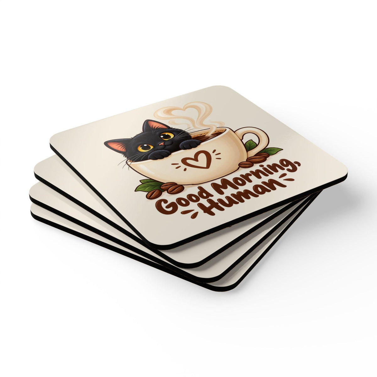 Good Morning Human Black Cat Coasters, photo 2