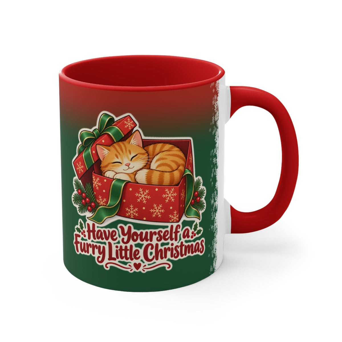 Furry Little Christmas Orange Cat Mug, Green and Snowflake, photo 3