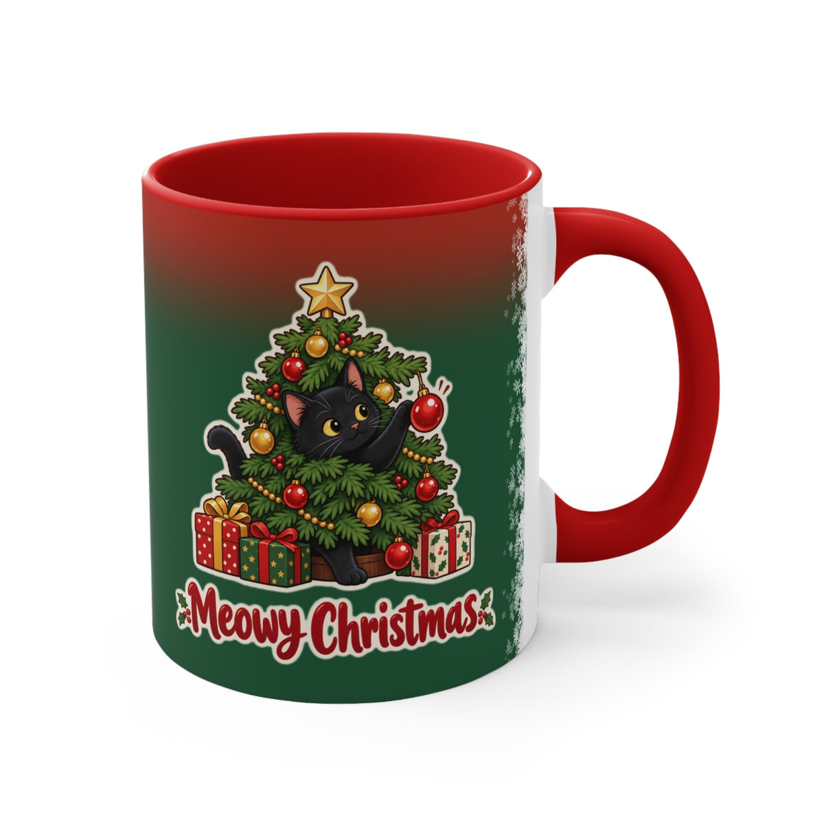 Meowy Christmas Black Cat Mug, Green and Snowflake, photo 3