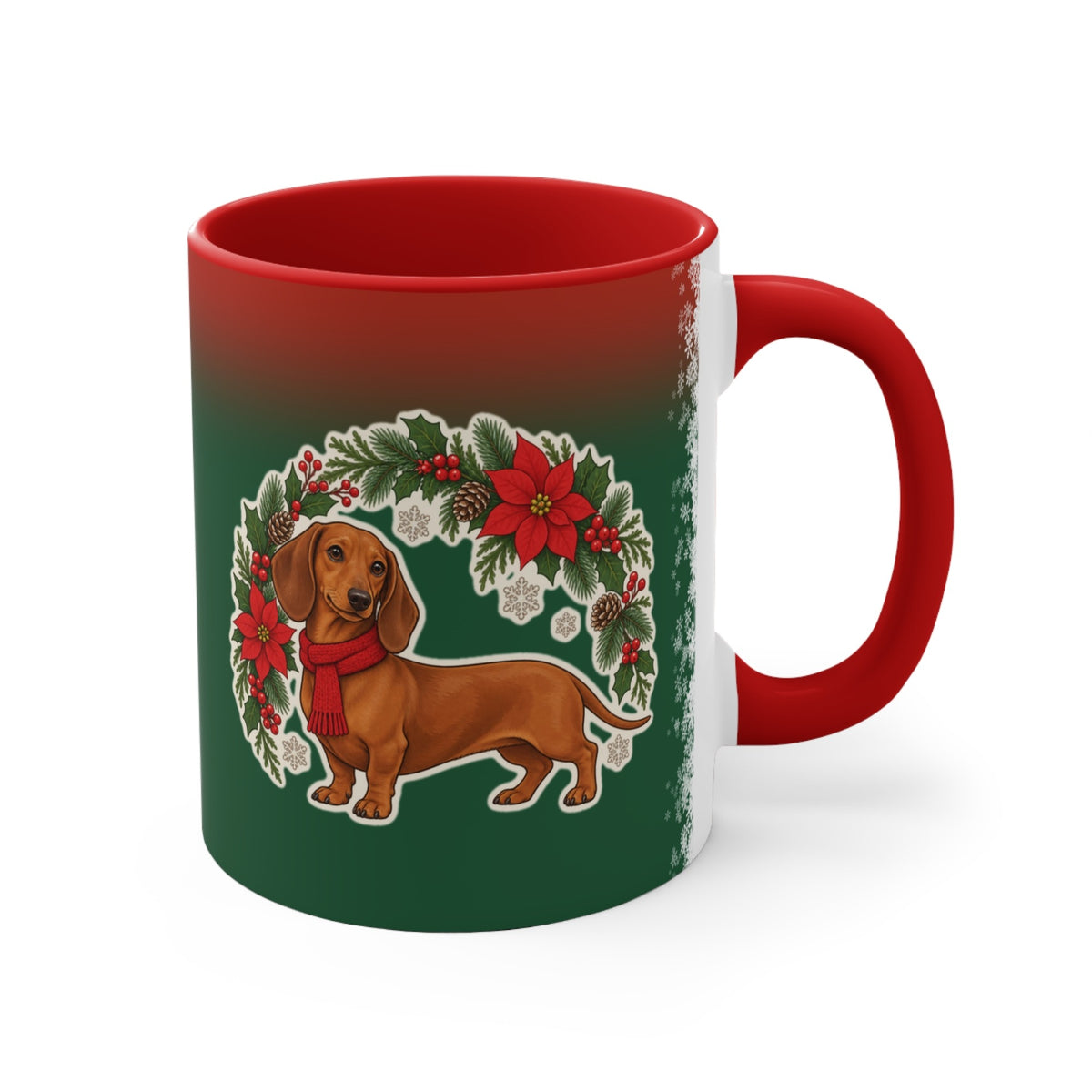 Dachshund Holly Wreath Christmas Mug, Green and Snowflake, photo 3