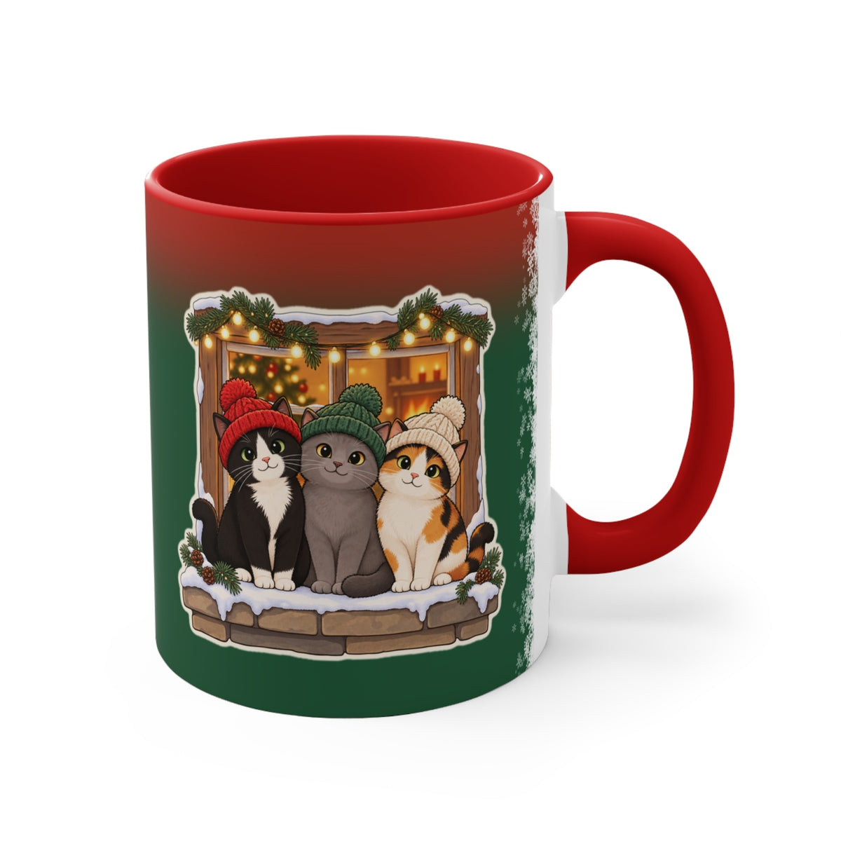 Christmas Cats in Winter Hats Mug, Green and Snowflake, photo 3