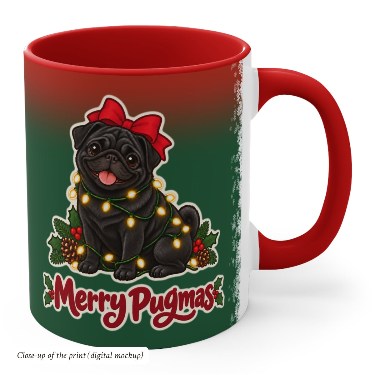 Merry Pugmas Black Pug Mug, Green and Snowflake, photo 4