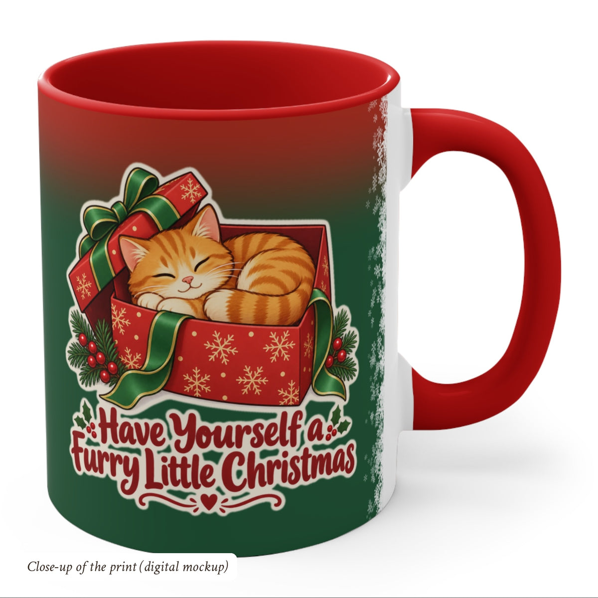 Furry Little Christmas Orange Cat Mug, Green and Snowflake, photo 4