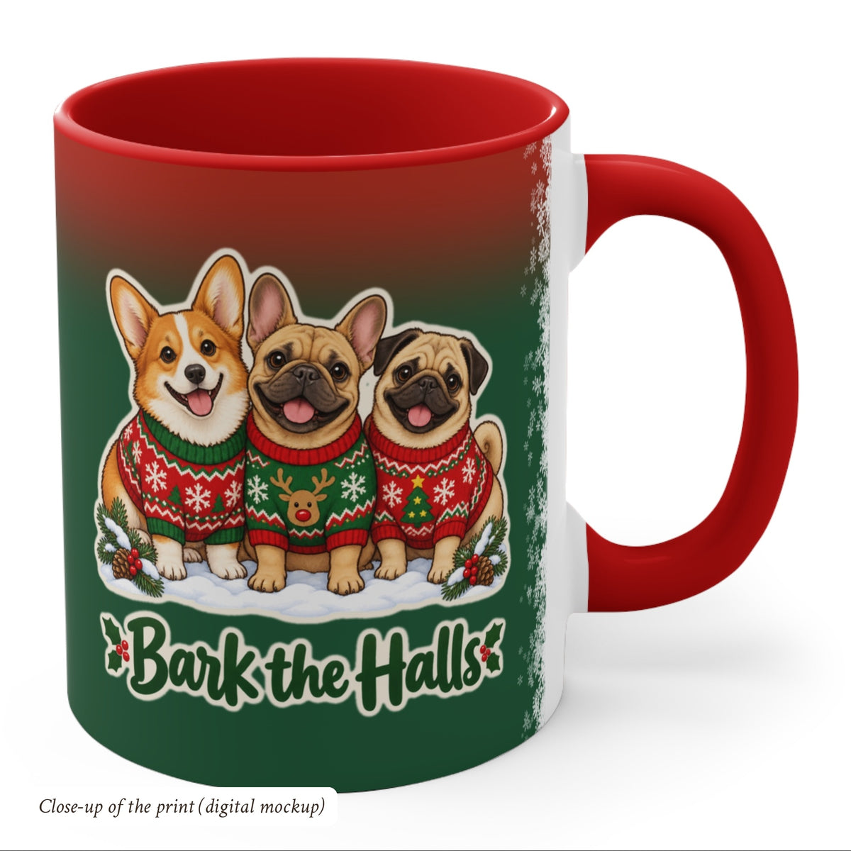 Bark the Halls Dog Christmas Mug, Green and Snowflake, photo 4