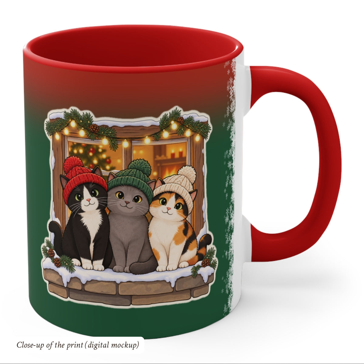 Christmas Cats in Winter Hats Mug, Green and Snowflake, photo 4