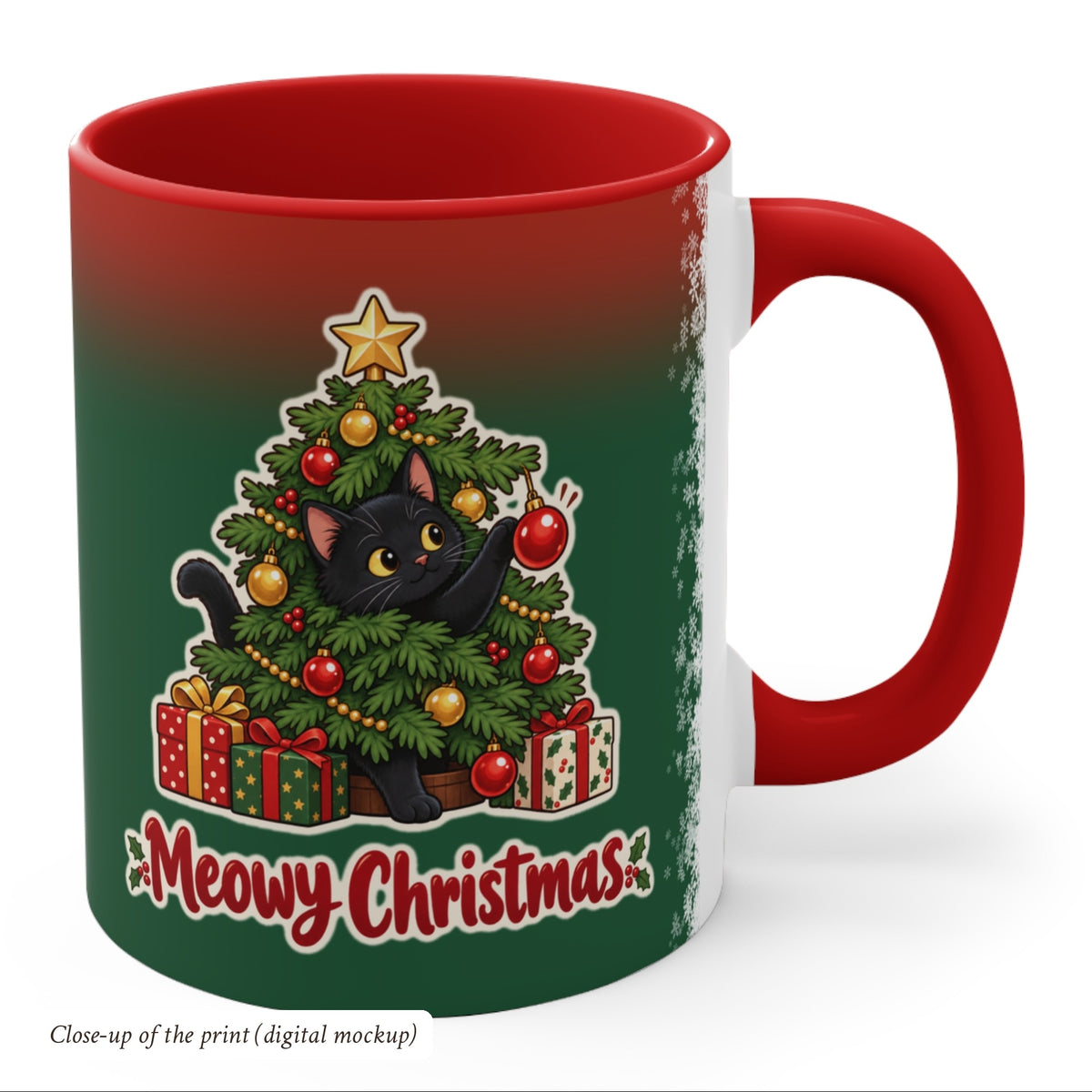 Meowy Christmas Black Cat Mug, Green and Snowflake, photo 4
