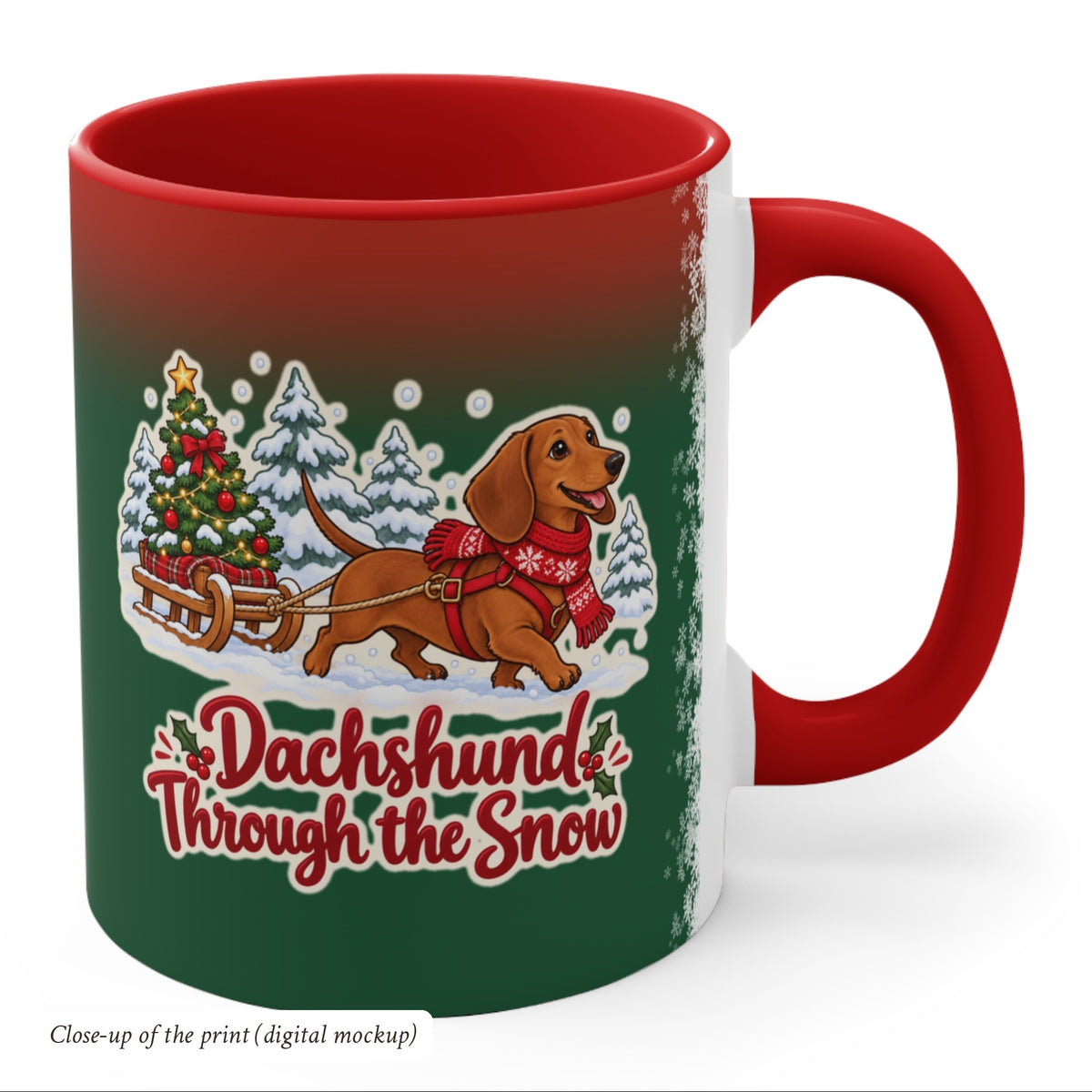 Dachshund Through the Snow Christmas Mug, Green and Snowflake, photo 4