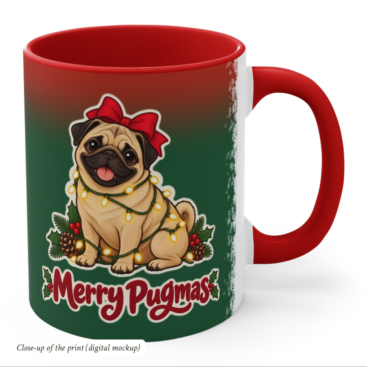 Merry Pugmas Christmas Mug, Green and Snowflake, photo 4