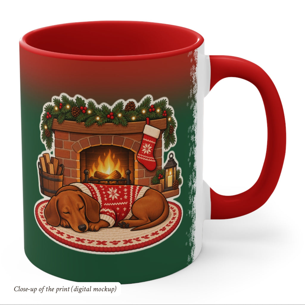Dachshund by the Fireplace Christmas Mug, Green and Snowflake, photo 4