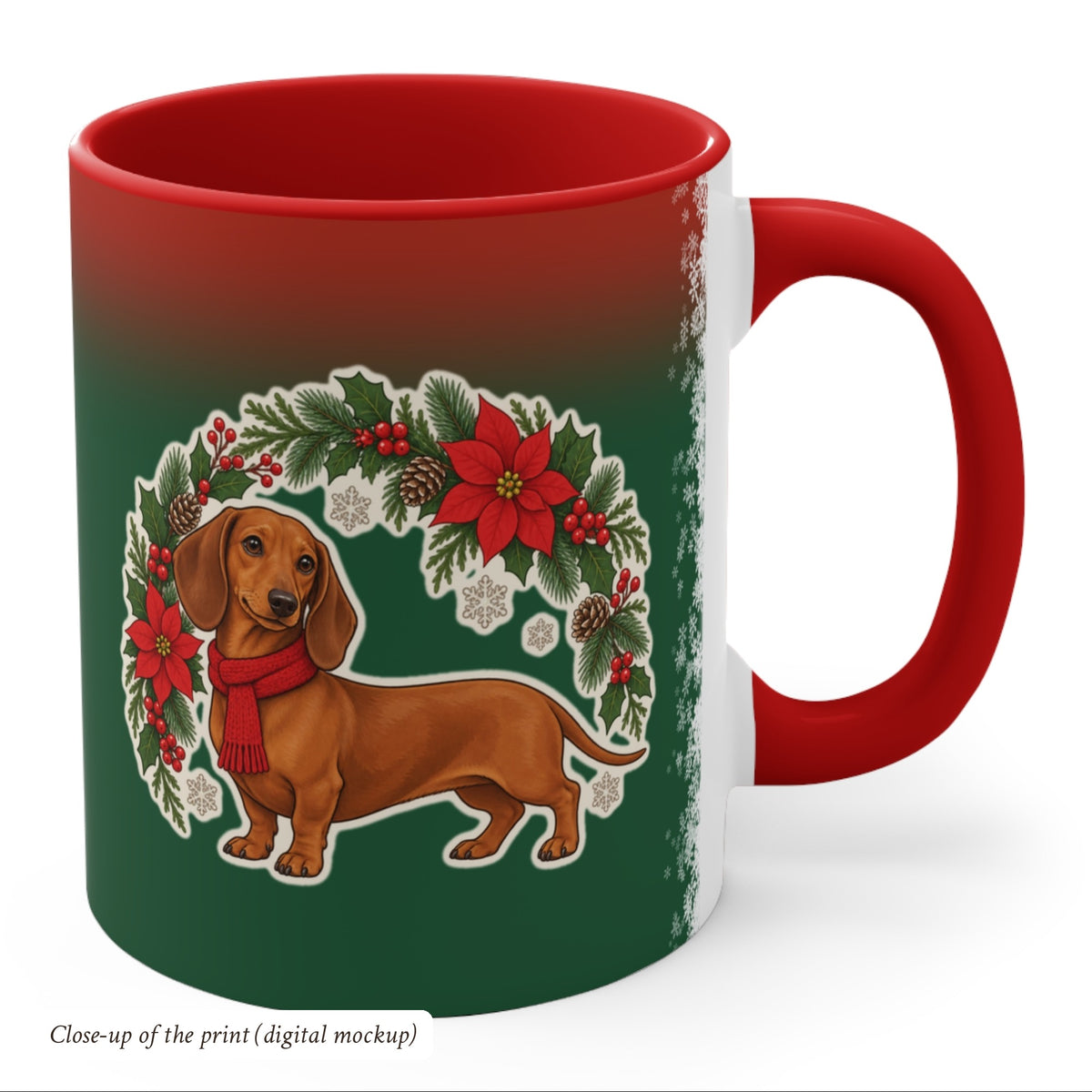 Dachshund Holly Wreath Christmas Mug, Green and Snowflake, photo 4