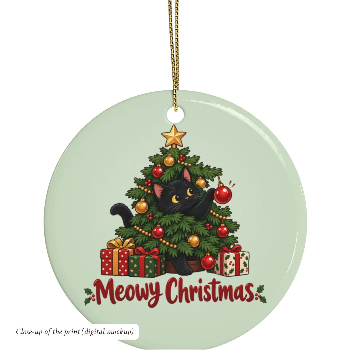 Meowy Christmas Black Cat Ornament, Mint Green, photo 5