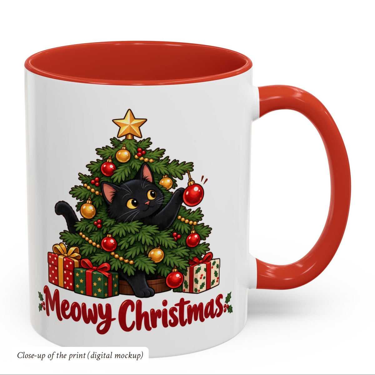 Meowy Christmas Black Cat Accent Mug, photo 5