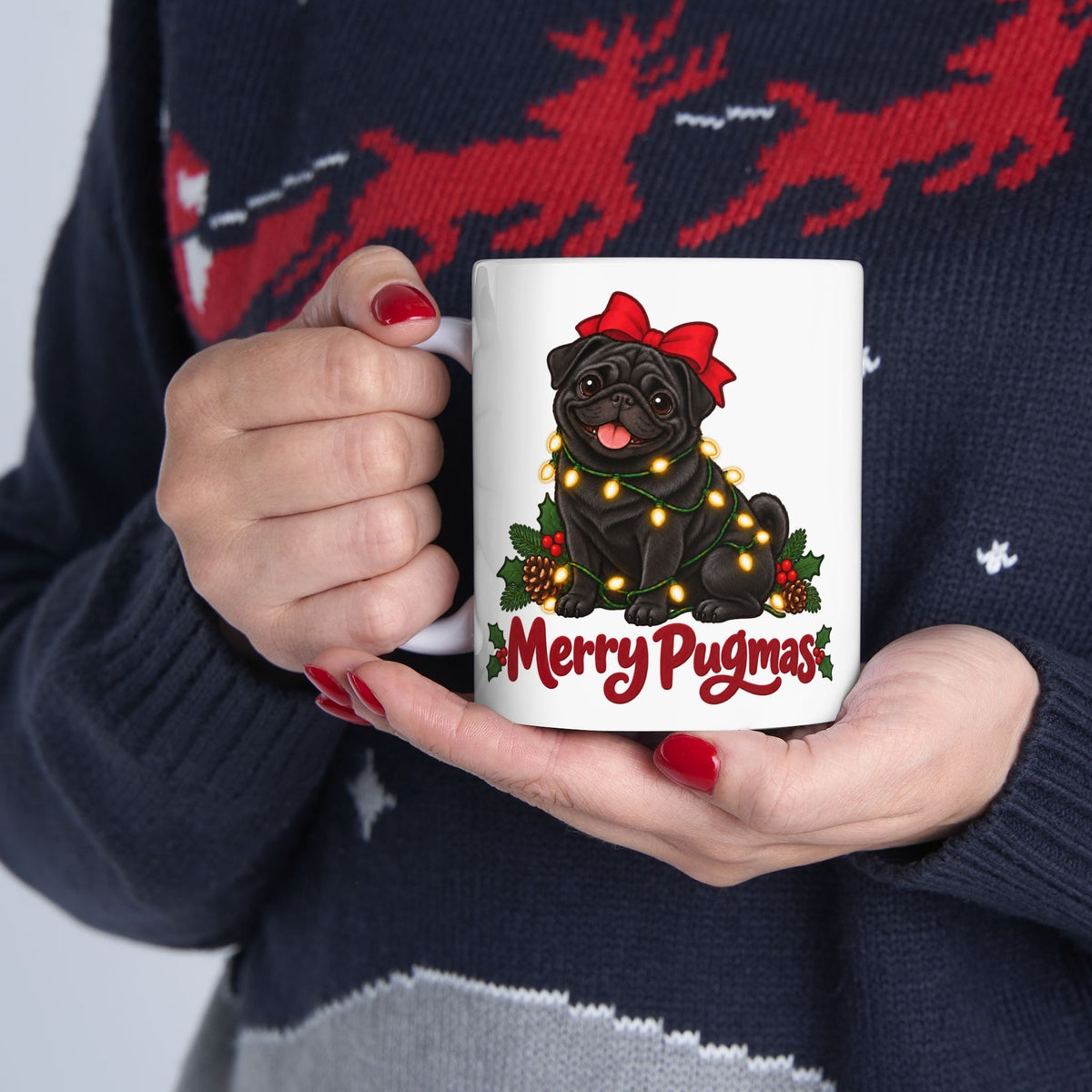 Merry Pugmas Black Pug Mug, White, photo 5