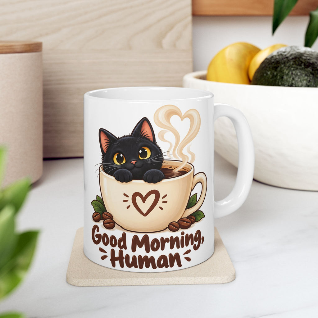 Good Morning Human Black Cat Mug, photo 6
