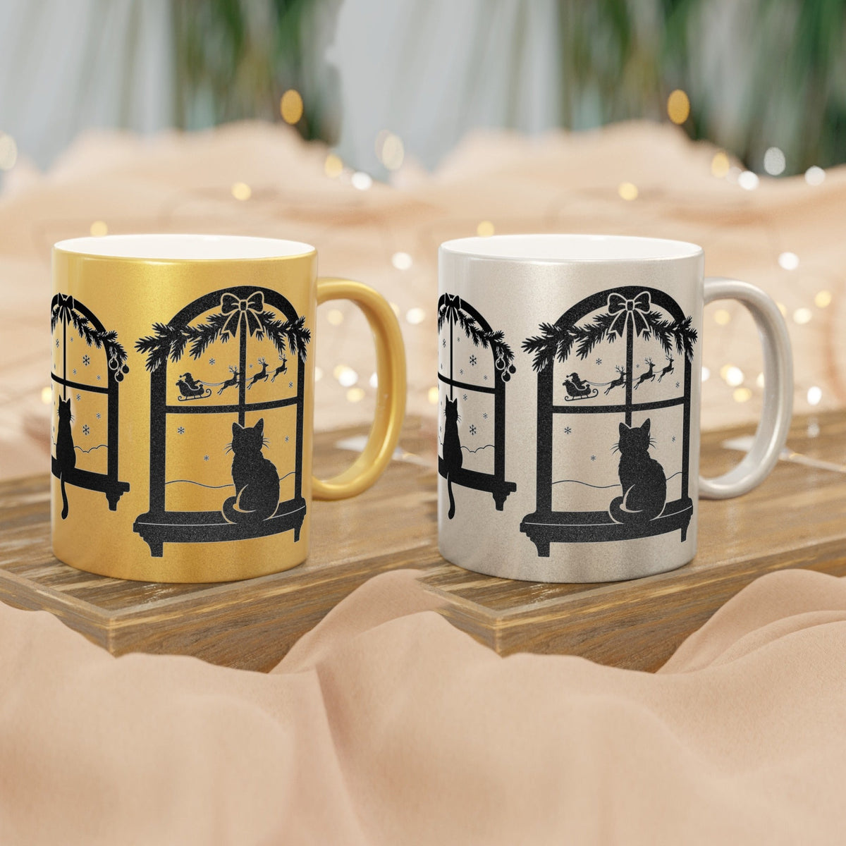 Black Cat in the Window Mug in Gold or Silver, gold and silver