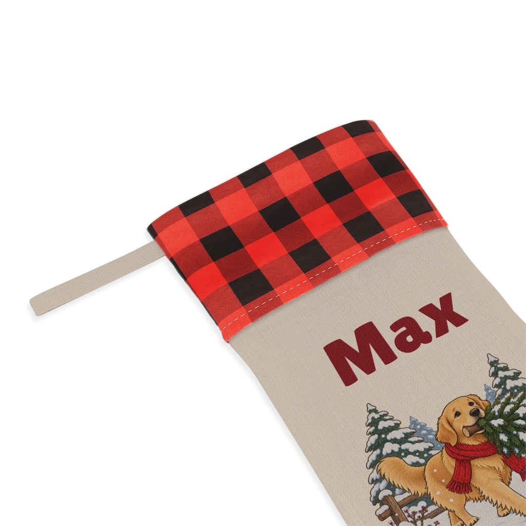 Close-up of the printed name Max under the red plaid cuff