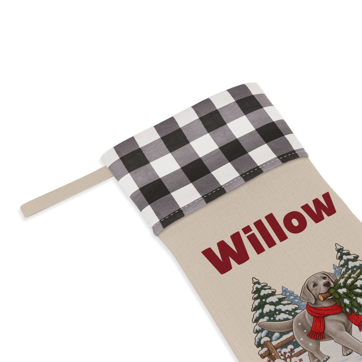 Close-up of the name under the white plaid cuff