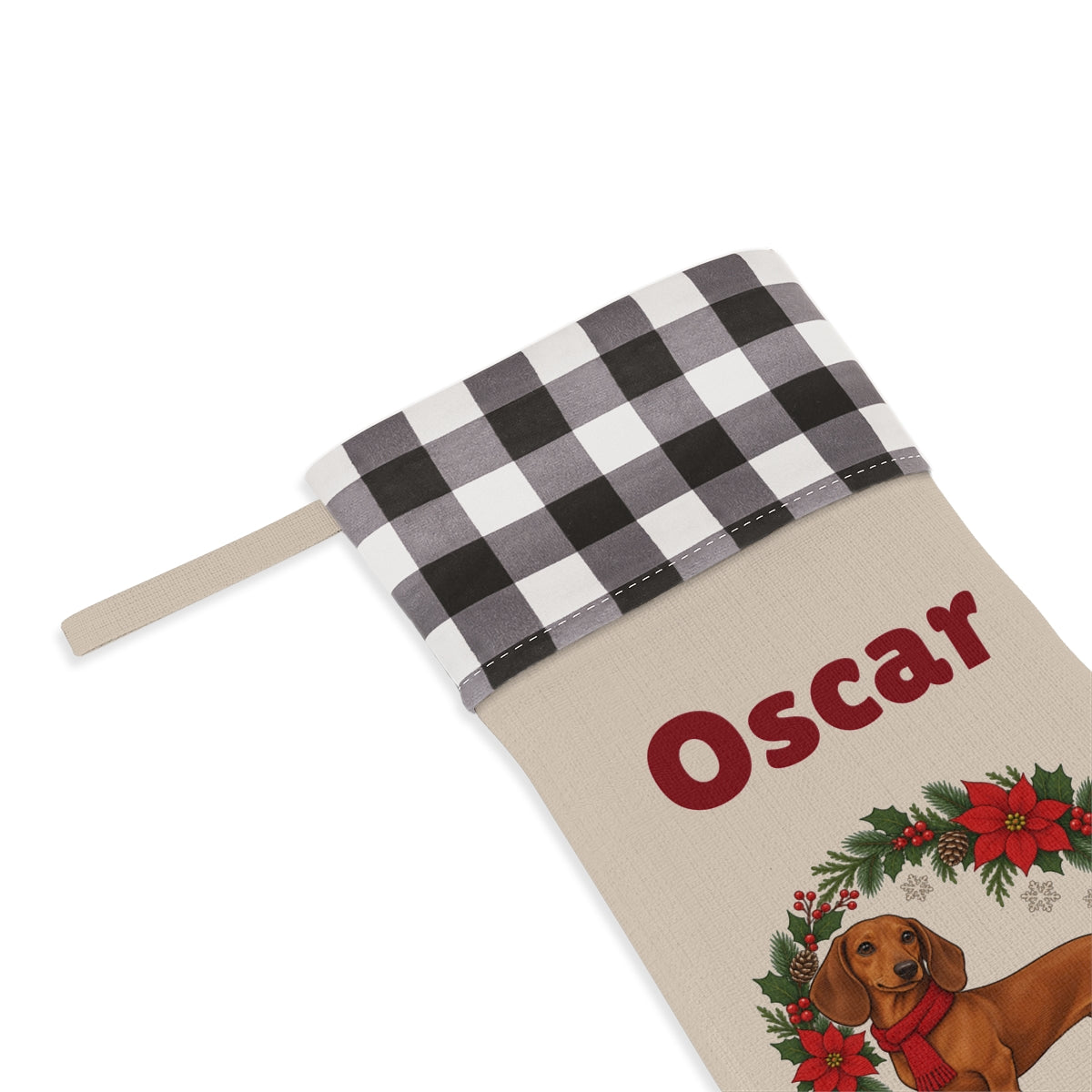 Close-up of the name under the white plaid cuff