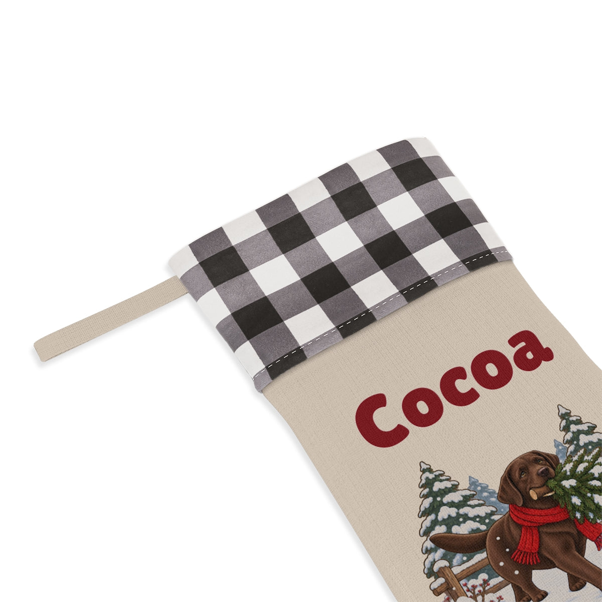 Close-up of the name under the white plaid cuff