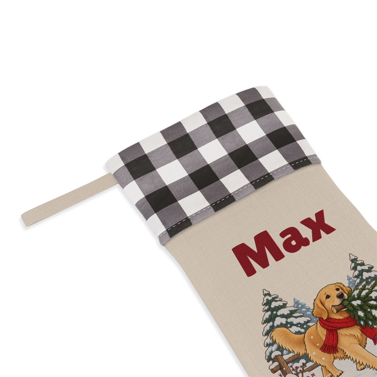 Close-up of the name under the white plaid cuff