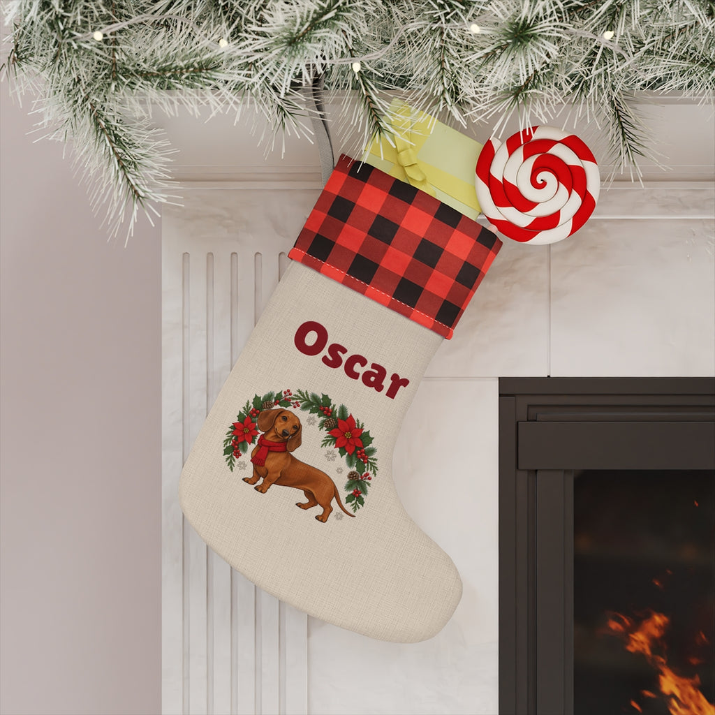 The personalized stocking hanging on a mantel