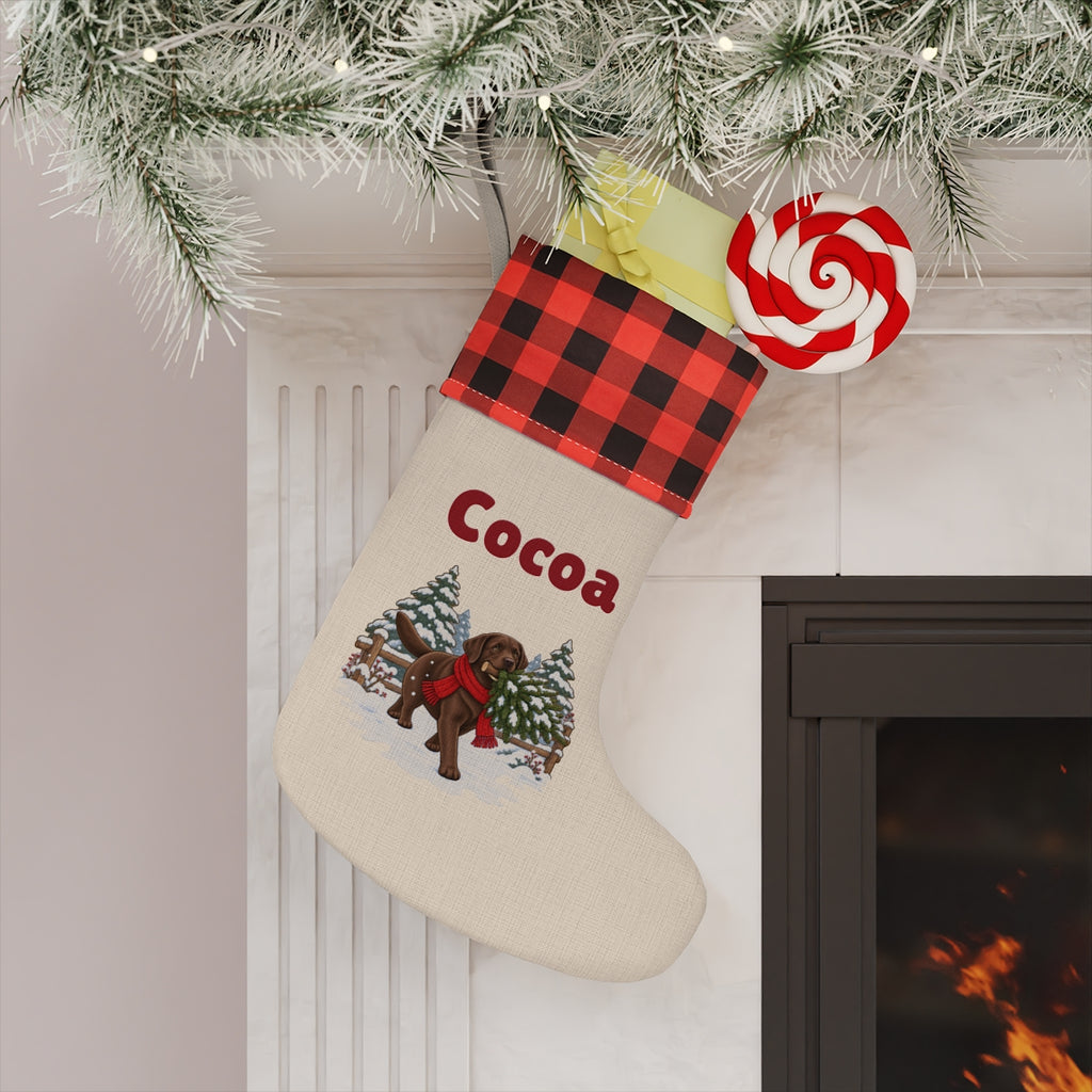 The personalized stocking hanging on a mantel