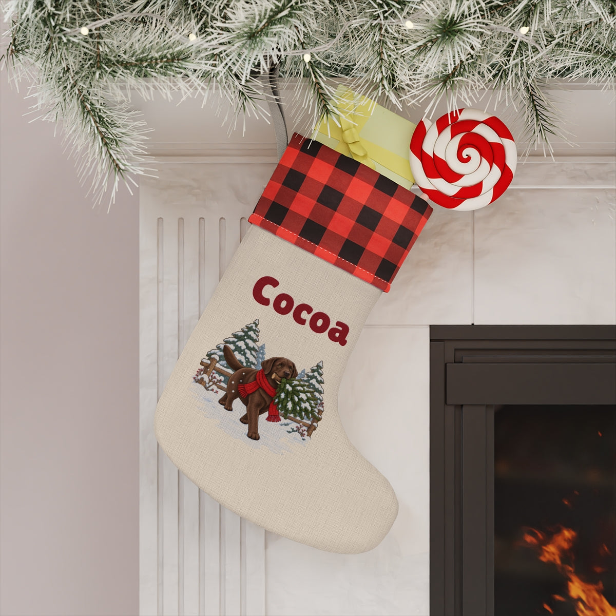 The personalized stocking hanging on a mantel