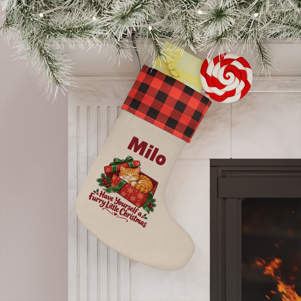The personalized stocking hanging on a mantel
