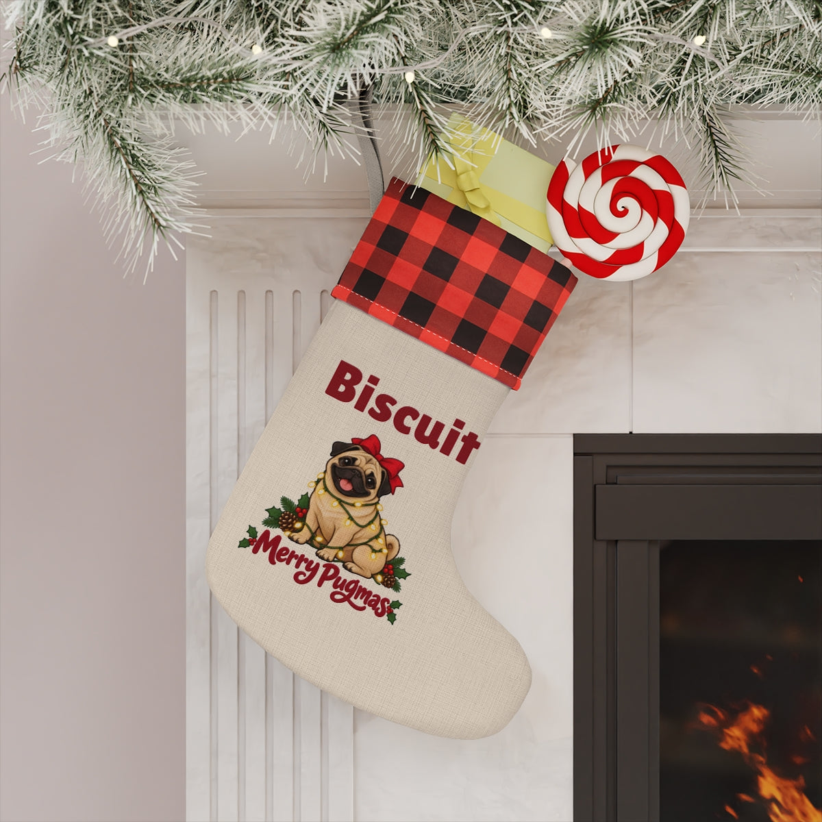 The personalized stocking hanging on a mantel