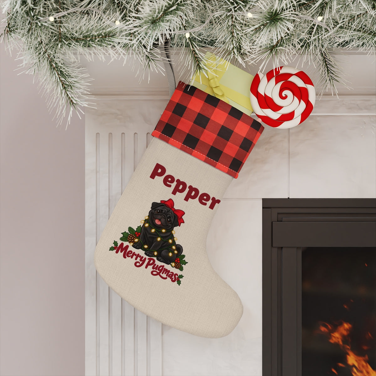 The personalized stocking hanging on a mantel